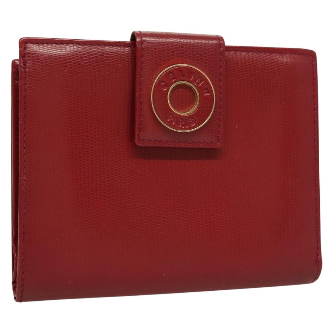 CELINE Red Leather Compact Wallet with Gold Accents Auth 132803: CELINE Red Leather Compact Wallet with Gold Accents Auth 132803 This CELINE Compact Wallet is a stylish accessory crafted from high-quality leather in a striking red and gold color combination. Measur