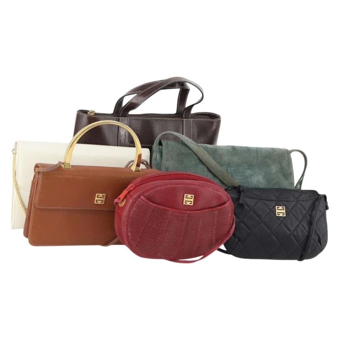 Givenchy suede leather black green red handbag set 6 auth: Givenchy suede leather black green red handbag set 6 auth This Givenchy hand bag set includes six suede leather bags in black, green, and red. Designed for women, each bag is crafted from leather and 