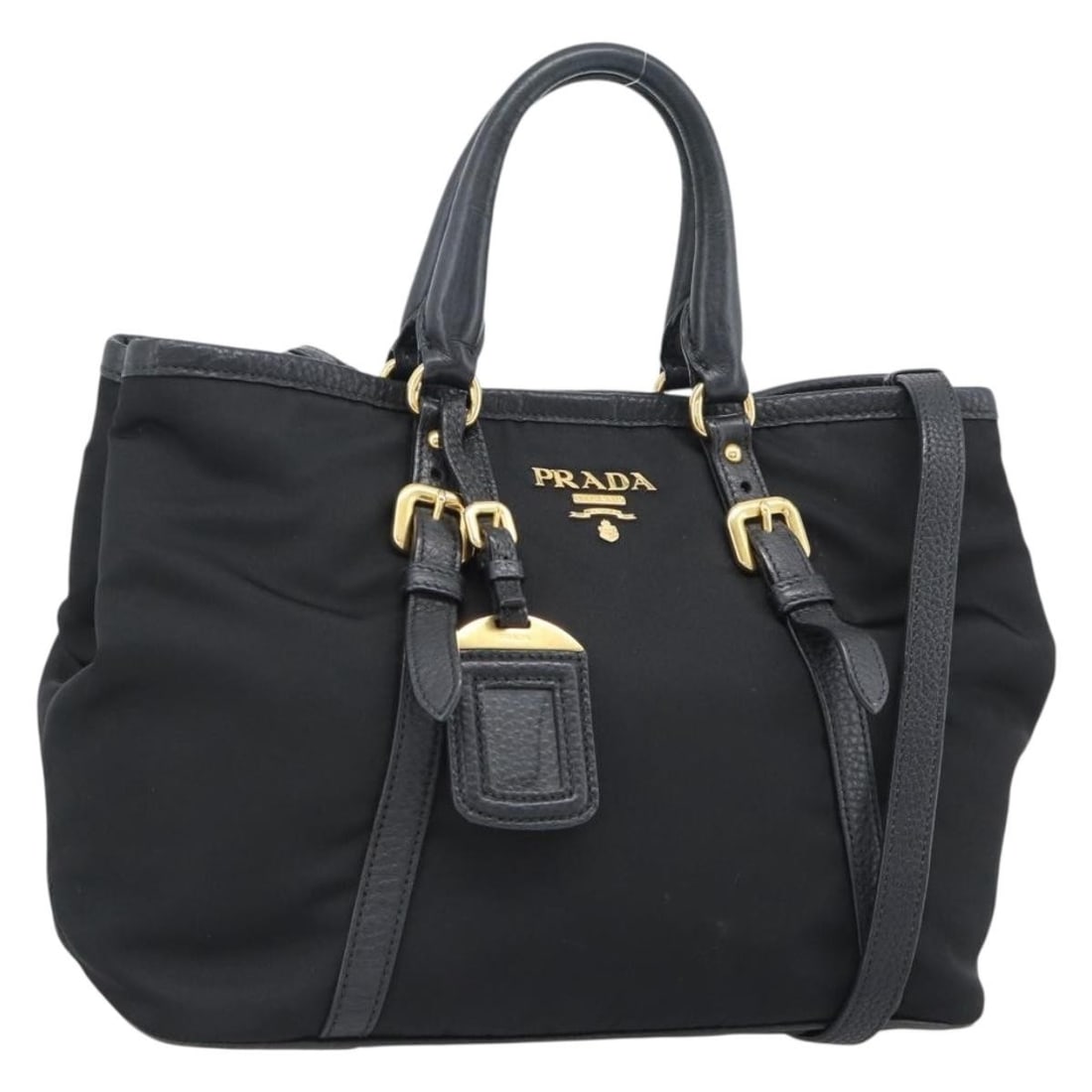Prada nylon 2way handbag black with gold tone strap and name tag (1 of 18)
