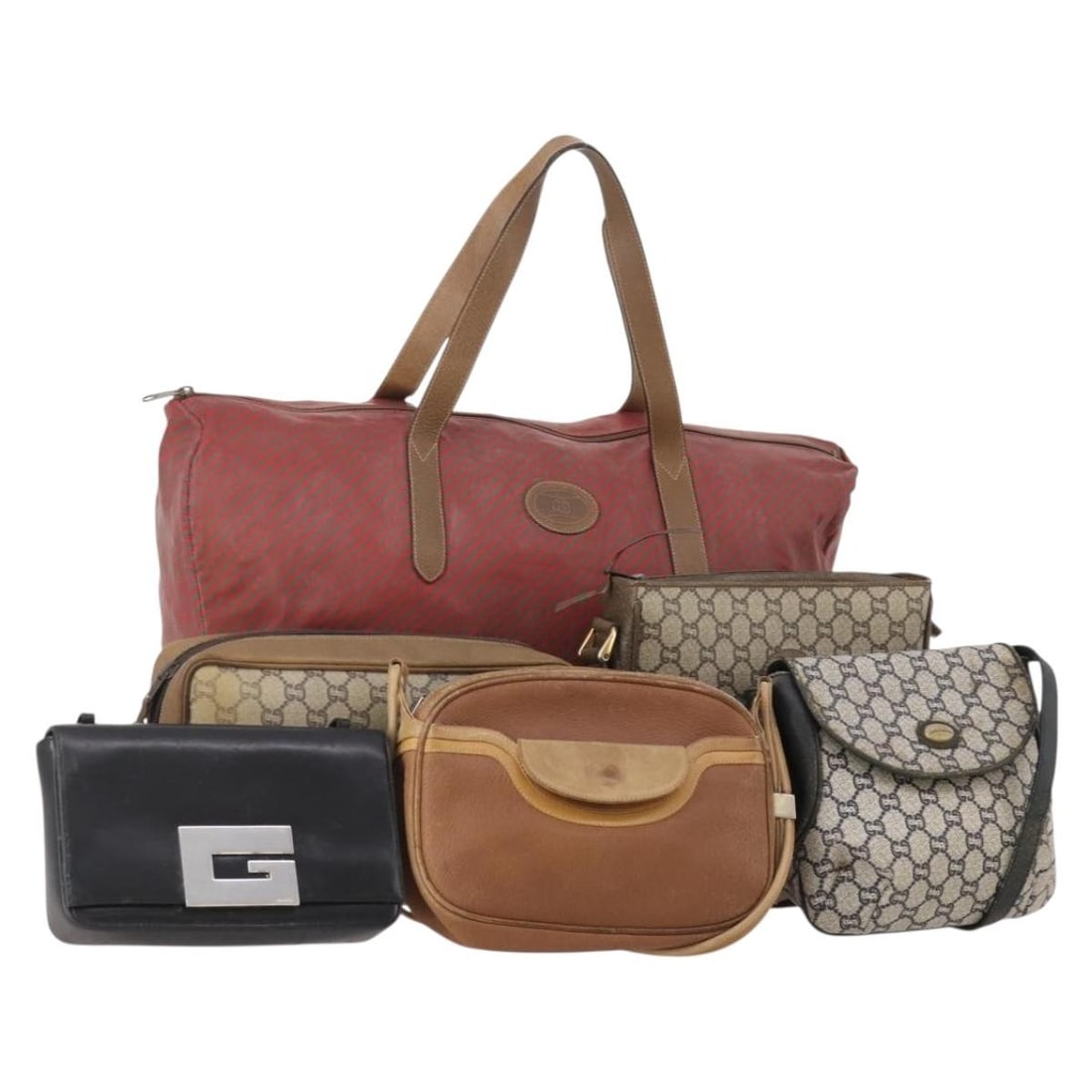 Set of 6 Gucci GG Plus Supreme Sherry Line Shoulder Bags: Set of 6 Gucci GG Plus Supreme Sherry Line Shoulder Bags This Gucci GG Plus Supreme Web Sherry Line shoulder bag is made from leather and GG canvas in navy, beige, and black. It is made in Italy and o