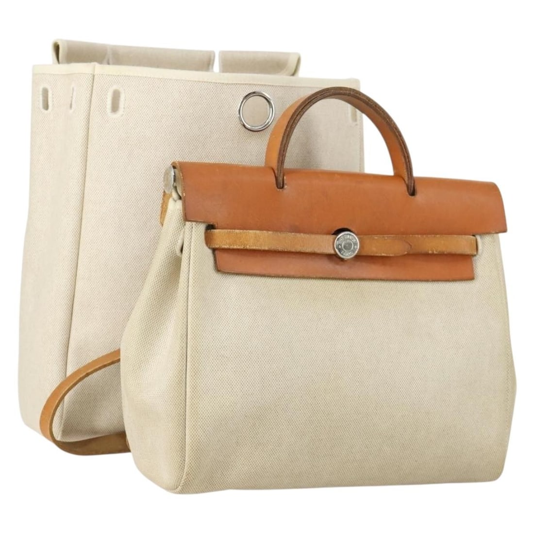 Hermes Herbag Ad PM 2way Canvas Leather Backpack Beige Silver: Hermes Herbag Ad PM 2way Canvas Leather Backpack Beige Silver Hermes Herbag Ad PM 2-way backpack in beige canvas with leather trim and silver-tone accents. Made in France, this women's backpack includ