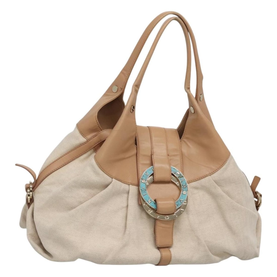 Chandra Canvas Beige Shoulder Bag by BVLGARI Italy: Chandra Canvas Beige Shoulder Bag by BVLGARI Italy This BVLGARI Chandra handbag features a beige canvas exterior and is designed for women. Made in Italy, the bag offers a spacious interior with pract