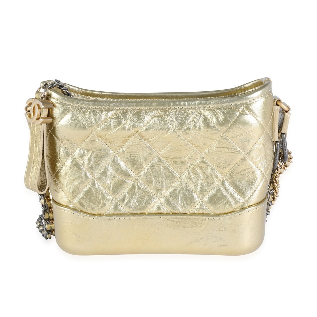 Chanel Small Gabrielle Hobo Gold Leather Crossbody Bag: Chanel Small Gabrielle Hobo Gold Leather Crossbody Bag A pre-owned Chanel Small Gabrielle Hobo handbag in gold quilted calfskin leather. This small unisex bag features a zip-top closure, fabric lining