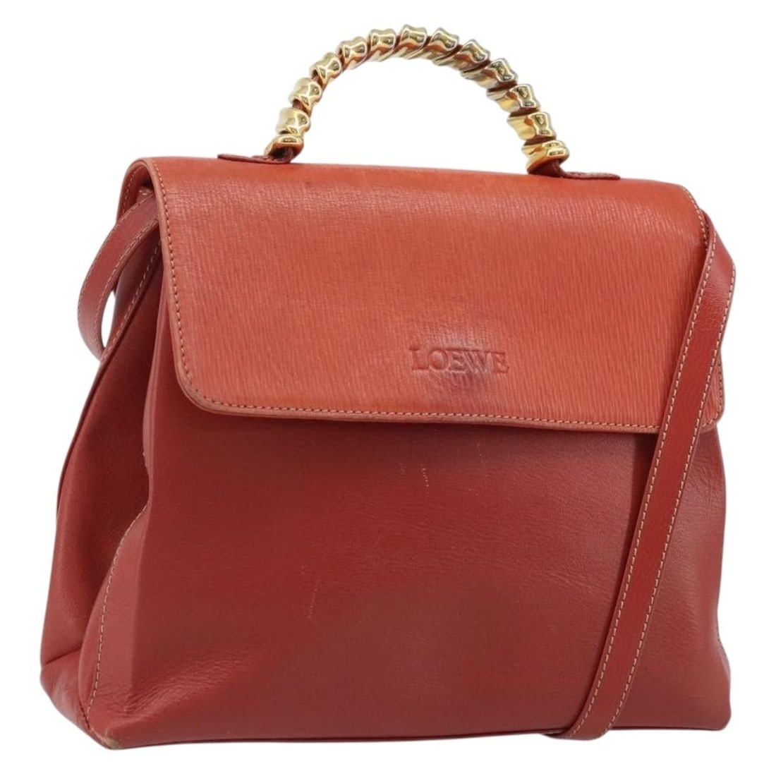 Loewe Velazquez Orange Leather Convertible Handbag with Shoulder Strap: Loewe Velazquez Orange Leather Convertible Handbag with Shoulder Strap This LOEWE Velazquez 2-way handbag is crafted from orange leather with gold-tone accents. Designed for women, it features both a 
