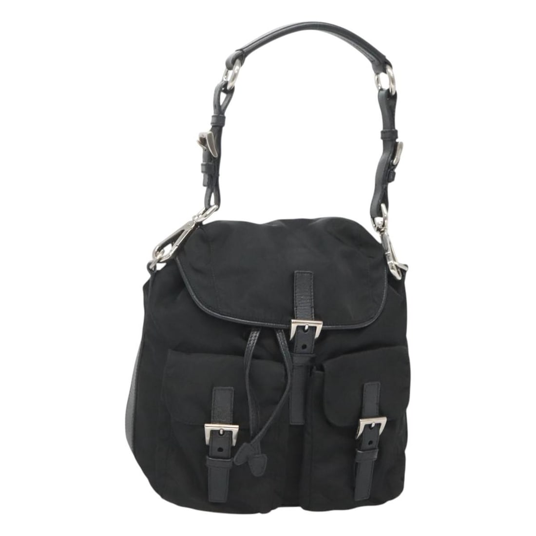 PRADA Black Nylon Shoulder Bag Silver Tone Italy: PRADA Black Nylon Shoulder Bag Silver Tone Italy Prada women's shoulder bag made in Italy, crafted in black nylon with silver-tone exterior details. It measures approximately 9.4 x 7.9 x 4.7 inches (2