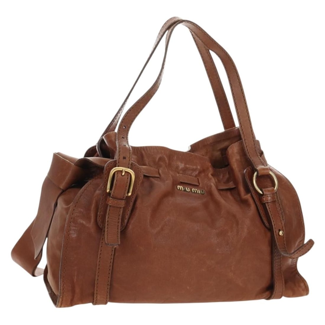 Miu Miu Brown Leather Tote Handbag Gold Tone Italy 186438V: Miu Miu Brown Leather Tote Handbag Gold Tone Italy 186438V Miu Miu tote bag crafted from leather in brown and gold. Made in Italy, this women's bag measures approximately 41 cm wide, 27 cm high, and 1
