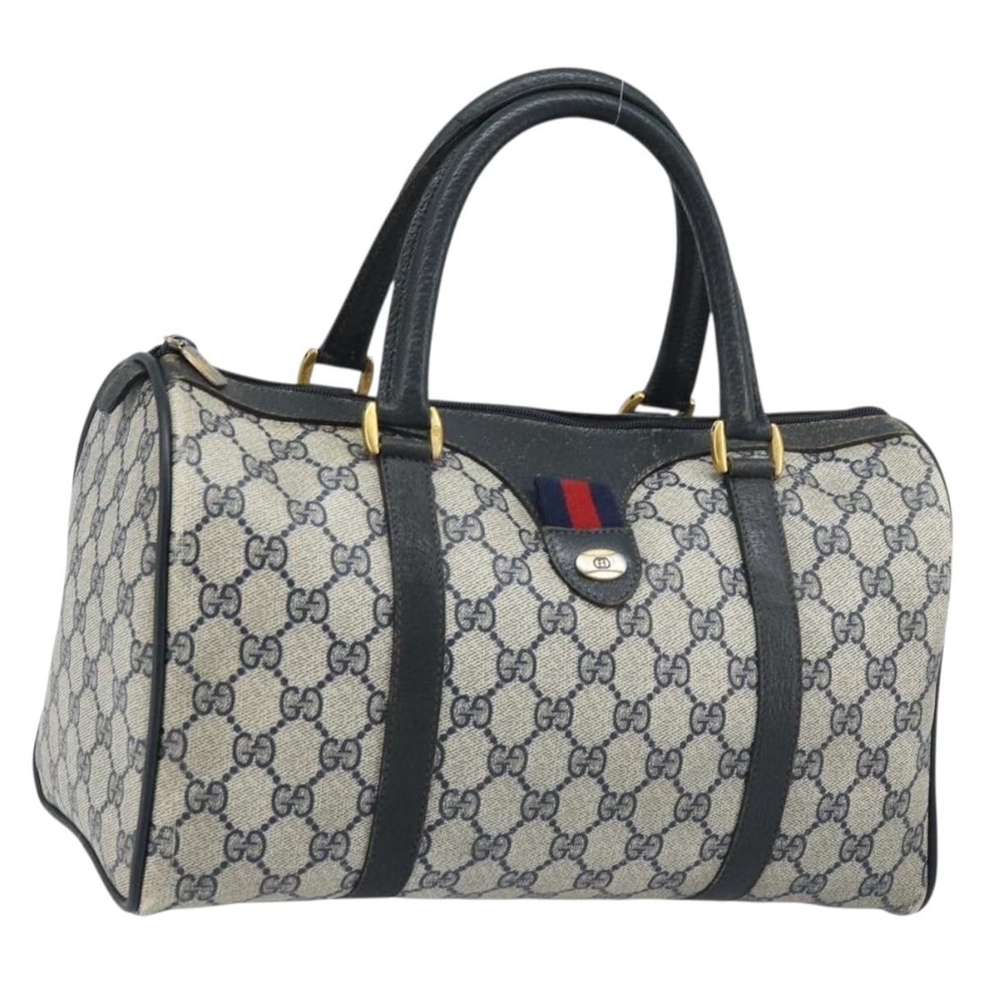 GUCCI 39 02 007 GG Supreme PVC Boston Handbag Navy Gold: GUCCI 39 02 007 GG Supreme PVC Boston Handbag Navy Gold Gucci Boston bag in navy and gold GG canvas with PVC leather trim, made in Italy. This women's bag is heavily used and shows notable wear throug