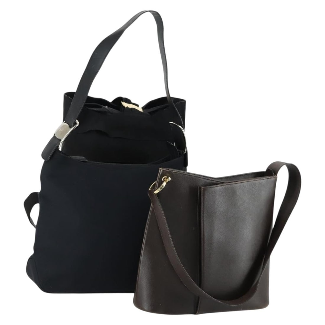 Set of 3 Salvatore Ferragamo Shoulder Bags Leather and Canvas Black Brown Navy: Set of 3 Salvatore Ferragamo Shoulder Bags Leather and Canvas Black Brown Navy This Salvatore Ferragamo women's shoulder bag bundle includes three bags crafted from leather in black, brown, and navy. 