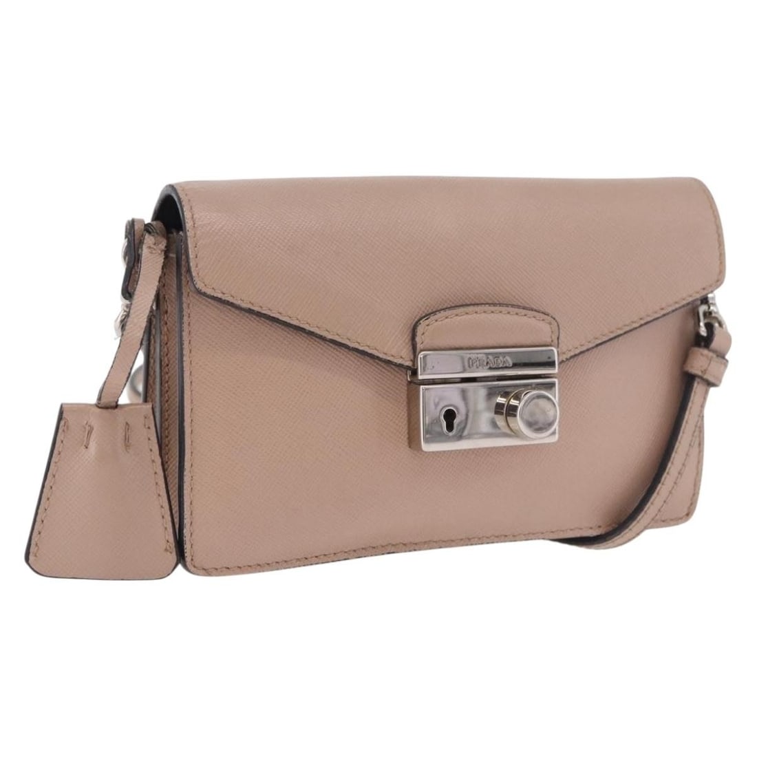 PRADA Saffiano Leather Shoulder Bag Beige Silver Tone Italy: PRADA Saffiano Leather Shoulder Bag Beige Silver Tone Italy Prada shoulder bag in beige and silver Saffiano leather. Made in Italy, this pre-owned bag measures approximately W16 x H9 x D3 cm with a sh