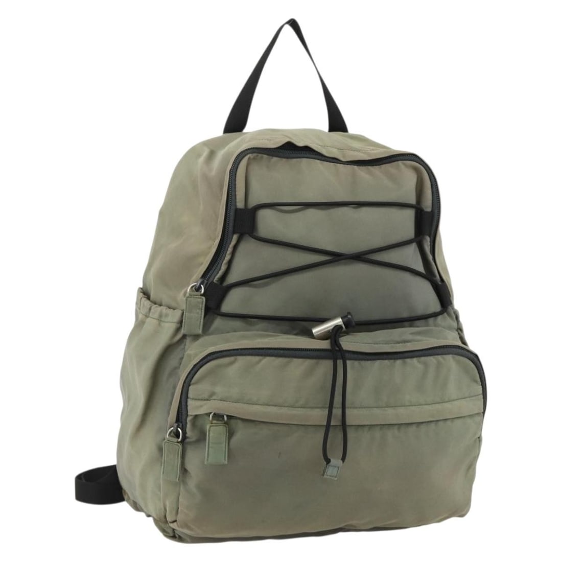 PRADA Khaki Nylon Backpack Silver Tone Hardware Italy: PRADA Khaki Nylon Backpack Silver Tone Hardware Italy PRADA women's backpack in nylon with a khaki and silver color combination. Made in Italy, it measures approximately 29 cm W x 37 cm H x 14 cm D (1