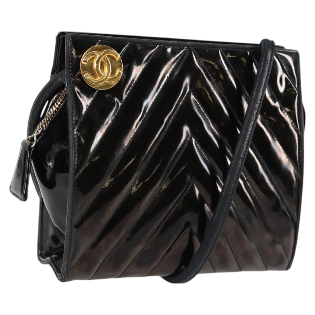 Chanel CC V Stitch Black Enamel Shoulder Bag: Chanel CC V Stitch Black Enamel Shoulder Bag A CHANEL V Stitch shoulder bag in black enamel, made in Italy. The bag measures approximately W19 x H18 x D6 cm, with a shoulder drop of approximately 47 c