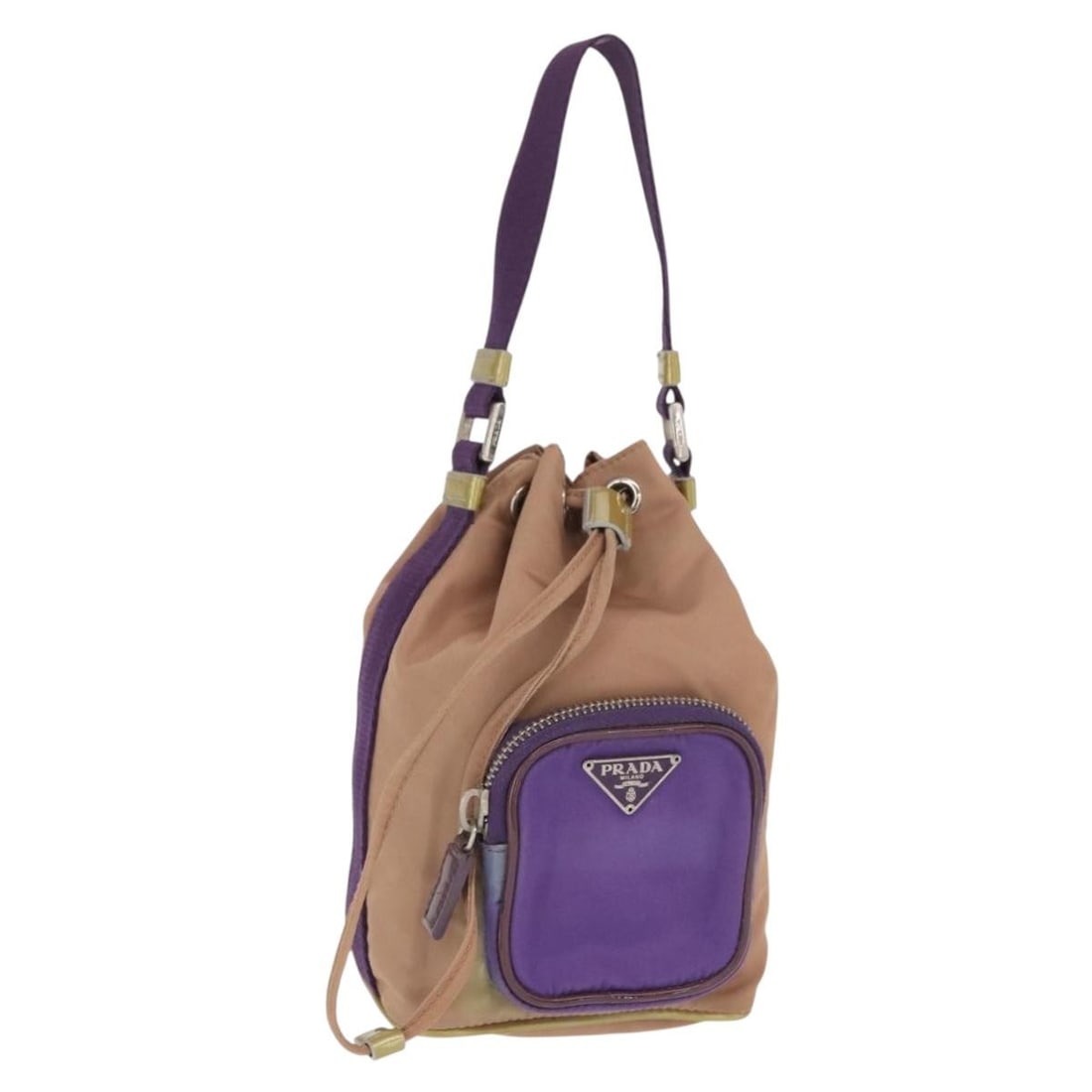 Prada Beige and Silver Nylon Hand Pouch Bag Made in Italy: Prada Beige and Silver Nylon Hand Pouch Bag Made in Italy This is a PRADA hand pouch crafted from beige nylon with silver-tone accents. The pouch features a practical design with a compact structure, 