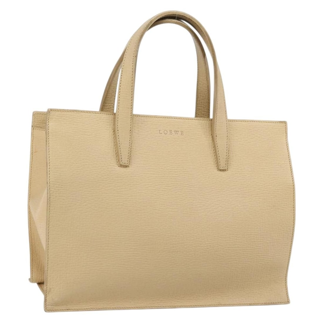 Loewe Ivory Leather Handbag Silver Tone Made in Spain: Loewe Ivory Leather Handbag Silver Tone Made in Spain LOEWE leather handbag in ivory and silver, made in Spain. The bag measures approximately 34 cm wide, 26 cm high, and 12 cm deep, with a handle dro