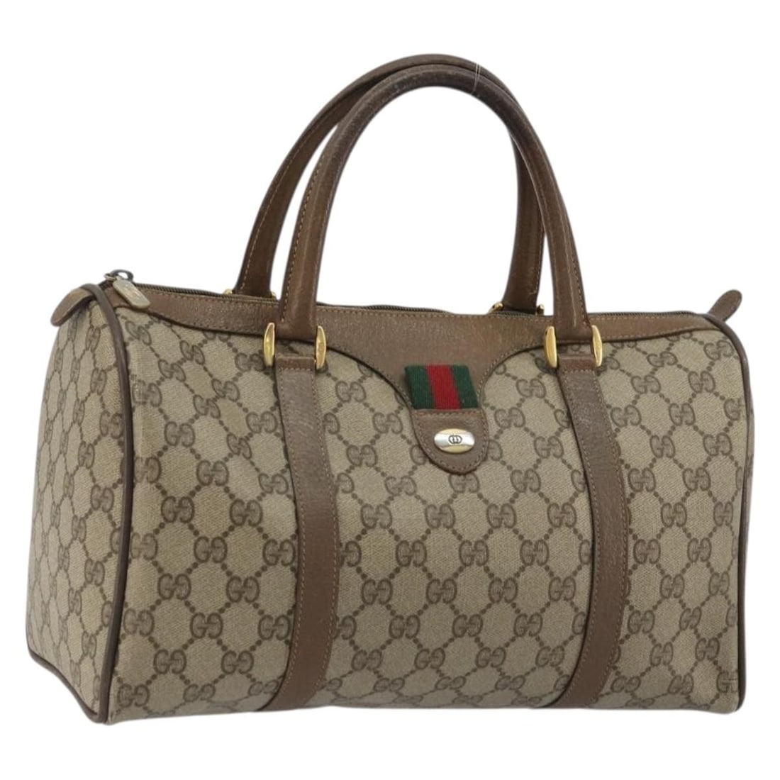 GUCCI Boston Bag GG Supreme Sherry Web PVC Leather Beige Gold: GUCCI Boston Bag GG Supreme Sherry Web PVC Leather Beige Gold Gucci GG Supreme Web Sherry Line Boston bag in beige and gold PVC leather with GG canvas. Made in Italy, this women's bag has a structured
