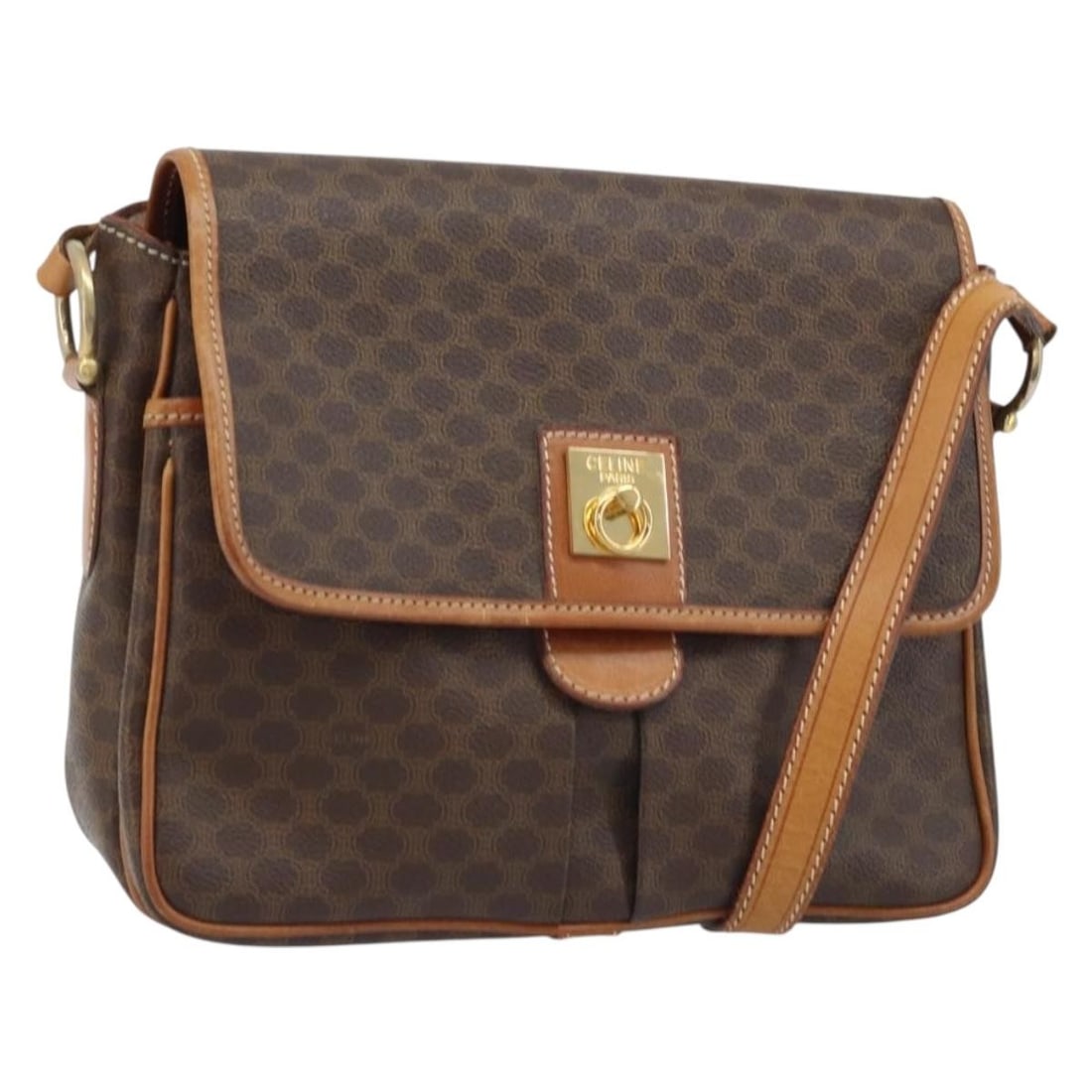 Celine Macadam PVC and Leather Brown Gold Shoulder Bag for Women: Celine Macadam PVC and Leather Brown Gold Shoulder Bag for Women This CELINE Macadam shoulder bag features a classic brown and gold color scheme with PVC leather and Macadam canvas construction. Desig