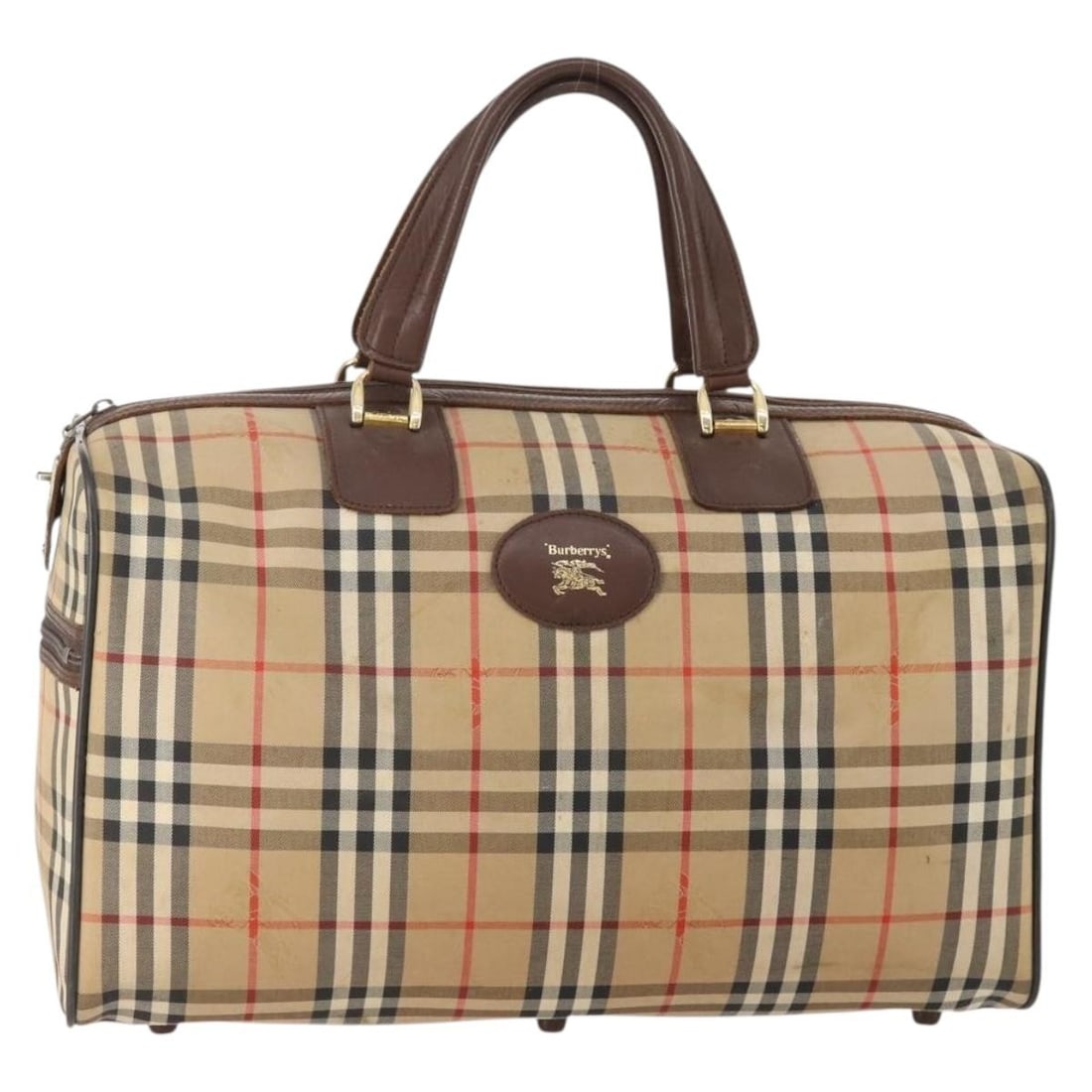 Burberrys Boston Bag in Beige Canvas with Gold Tone Hardware: Burberrys Boston Bag in Beige Canvas with Gold Tone Hardware A Burberrys Nova Check Boston Bag in beige and gold, made from canvas with matching gold-tone hardware. This Boston bag features a spacious