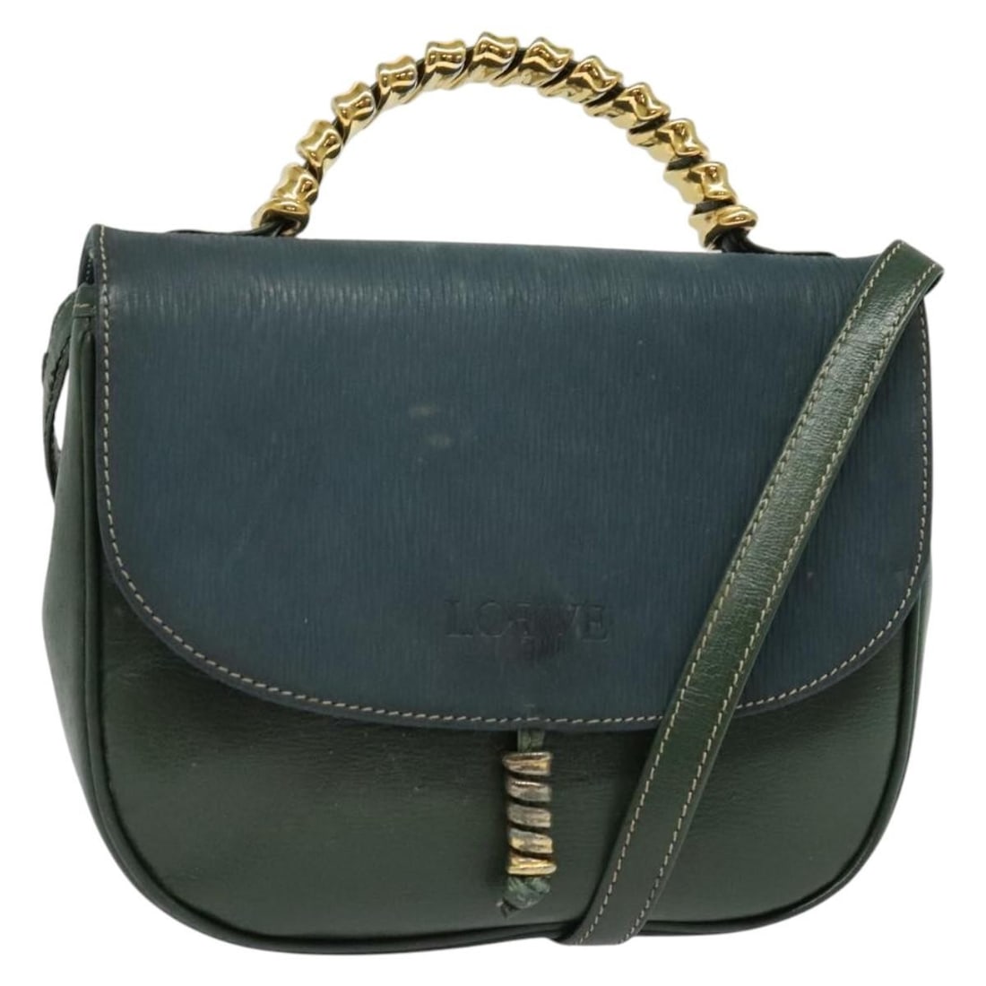 LOEWE Velazquez 2-Way Handbag Leather Green Gold Made in Spain: LOEWE Velazquez 2-Way Handbag Leather Green Gold Made in Spain This LOEWE Velazquez Hand Bag embodies elegance and sophistication with its striking green and gold leather exterior. Crafted in Spain,