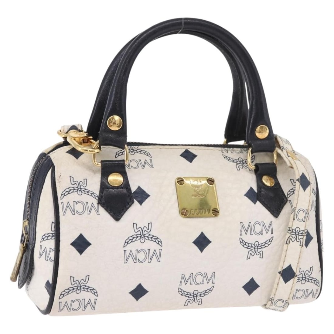 MCM Vicetos 2way PVC Leather Handbag White Gold Shoulder Strap: MCM Vicetos 2way PVC Leather Handbag White Gold Shoulder Strap MCM Vicetos logogram handbag in white and gold, made from PVC leather and designed as a 2-way style with a shoulder strap accessory.