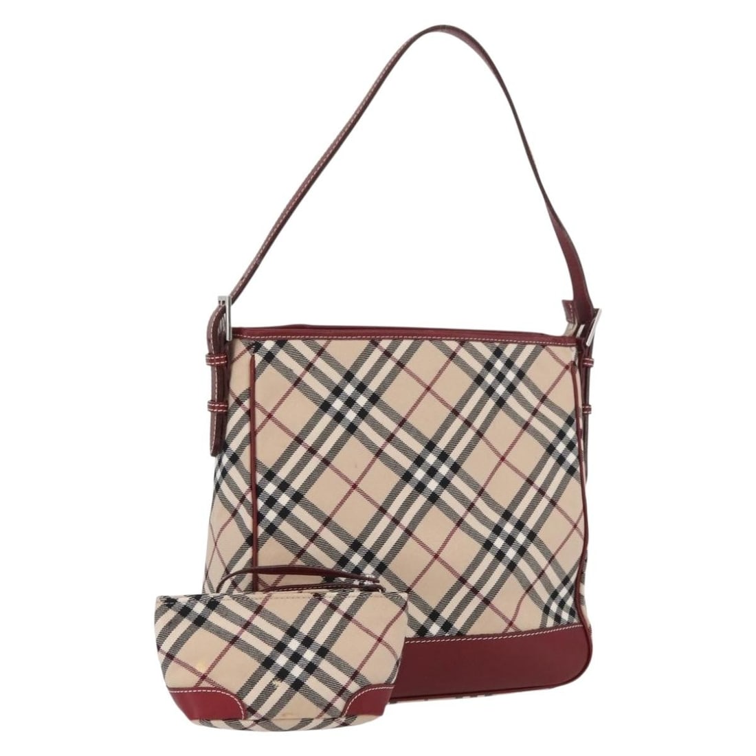 Burberry Blue Label Beige Canvas Shoulder Bag with Nova Check Pattern: Burberry Blue Label Beige Canvas Shoulder Bag with Nova Check Pattern This BURBERRY Nova Check Blue Label shoulder bag is crafted from beige and silver canvas and features the iconic check design. Des