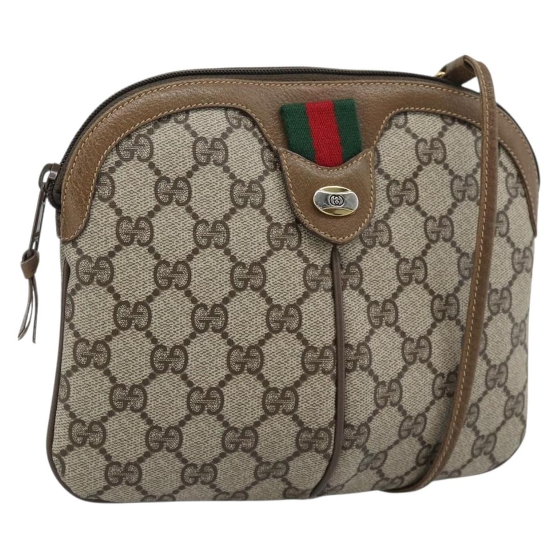 Gucci Sherry Line GG Supreme PVC Shoulder Bag Beige Gold 98.02.047: Gucci Sherry Line GG Supreme PVC Shoulder Bag Beige Gold 98.02.047 A Gucci GG Supreme Web Sherry Line shoulder bag in beige and gold, made from PVC leather and GG canvas. It measures approximately 22