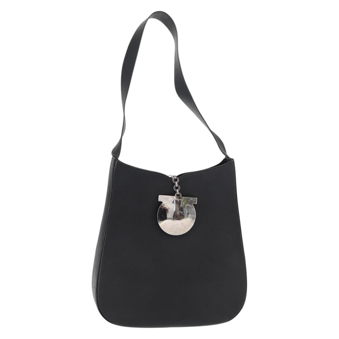 Salvatore Ferragamo Black Silver Gancini Leather Shoulder Bag Auth: Salvatore Ferragamo Black Silver Gancini Leather Shoulder Bag Auth This Salvatore Ferragamo Gancini Shoulder Bag is a stylish accessory crafted from high-quality black leather with silver accents. It
