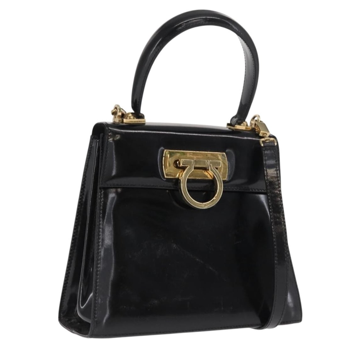 Salvatore Ferragamo Gancini patent leather 2 way handbag black (1 of 18)