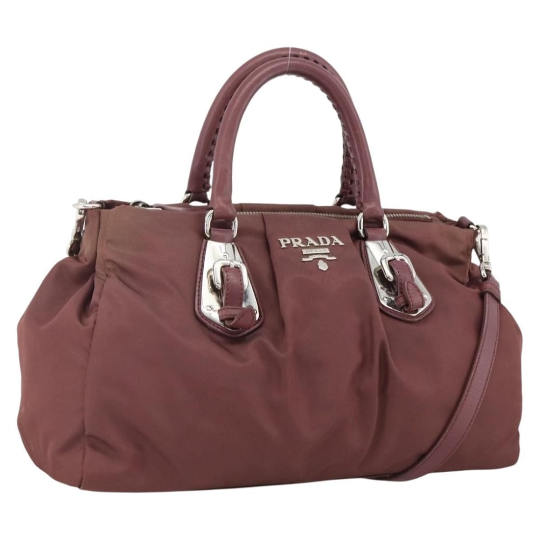 Prada Bordeaux Nylon 2way Handbag with Silver Hardware and Shoulder Strap (1 of 18)