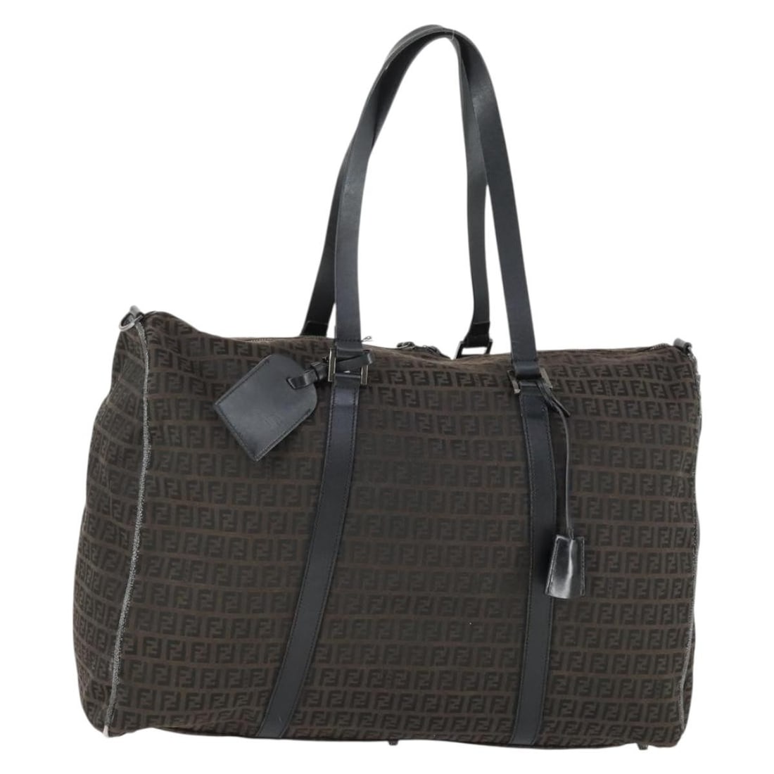 FENDI Boston Bag Zucchino Canvas Black Brown Padlock Key Clochette: FENDI Boston Bag Zucchino Canvas Black Brown Padlock Key Clochette A Fendi Boston bag in black and brown Zucchino canvas, made in Italy. It comes with a padlock, key, and clochette. The bag is describ