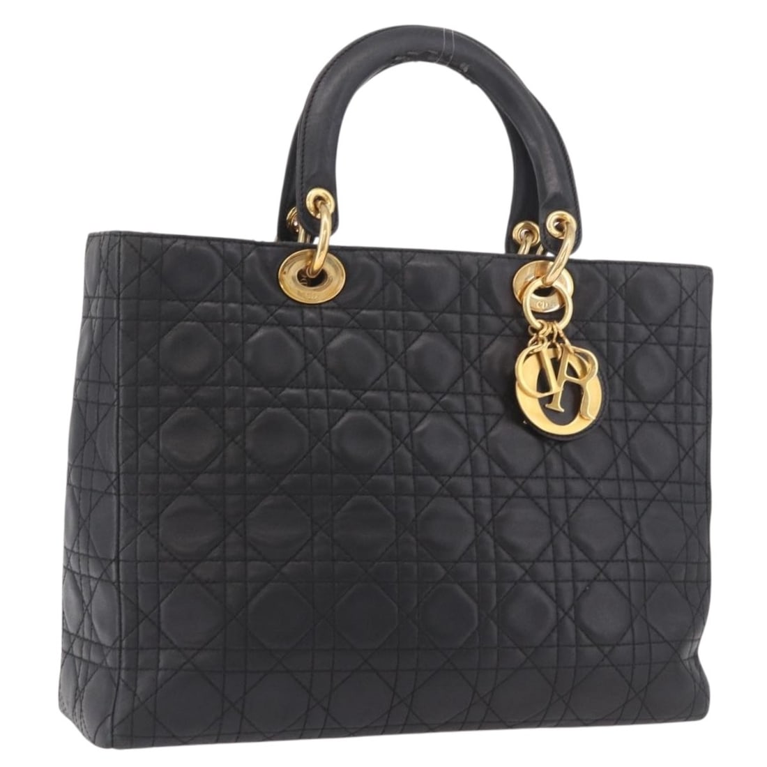 Christian Dior Cannage Black Leather Hand Bag Gold Tone Italy: Christian Dior Cannage Black Leather Hand Bag Gold Tone Italy Christian Dior Canage hand bag in black and gold leather, made in Italy. The bag measures approximately W30 cm x H24 cm x D12 cm, with a h