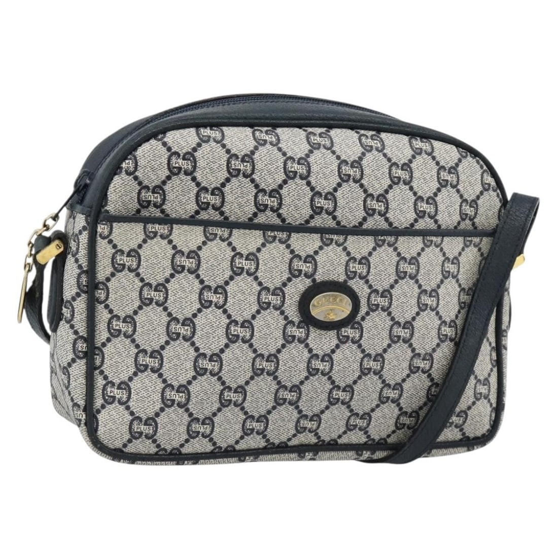 Gucci 193048 GG Plus Supreme PVC Shoulder Bag Navy Gold: Gucci 193048 GG Plus Supreme PVC Shoulder Bag Navy Gold A Gucci GG Plus Supreme shoulder bag in navy and gold, made from PVC leather and GG canvas. It features a shoulder strap and was made in Italy. 