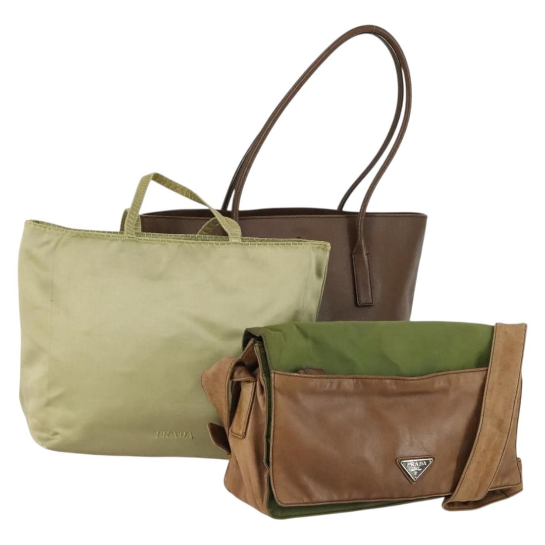 PRADA Women Nylon Shoulder Bag 3 Piece Set Green Brown: PRADA Women Nylon Shoulder Bag 3 Piece Set Green Brown PRADA women's shoulder bag in nylon with a green and brown exterior. Made in Italy, this item is listed as a 3-set and is in heavily used conditi