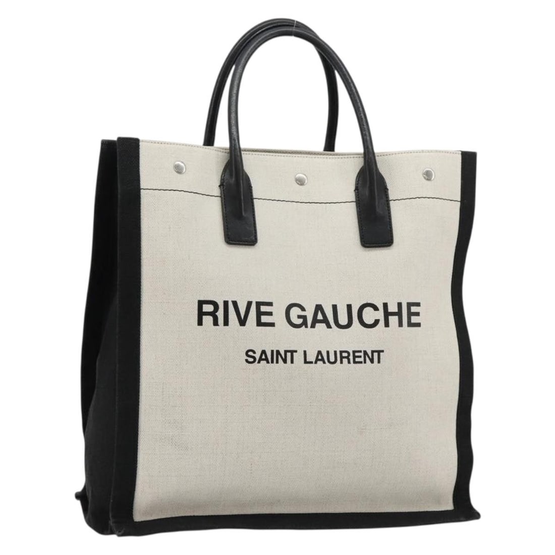 Beige Silver Canvas Hand Bag by Saint Laurent: Beige Silver Canvas Hand Bag by Saint Laurent Authentic Saint Laurent hand bag in beige and silver canvas. This women's bag is made in Italy and shows heavy signs of use, including loss of shape, rubb