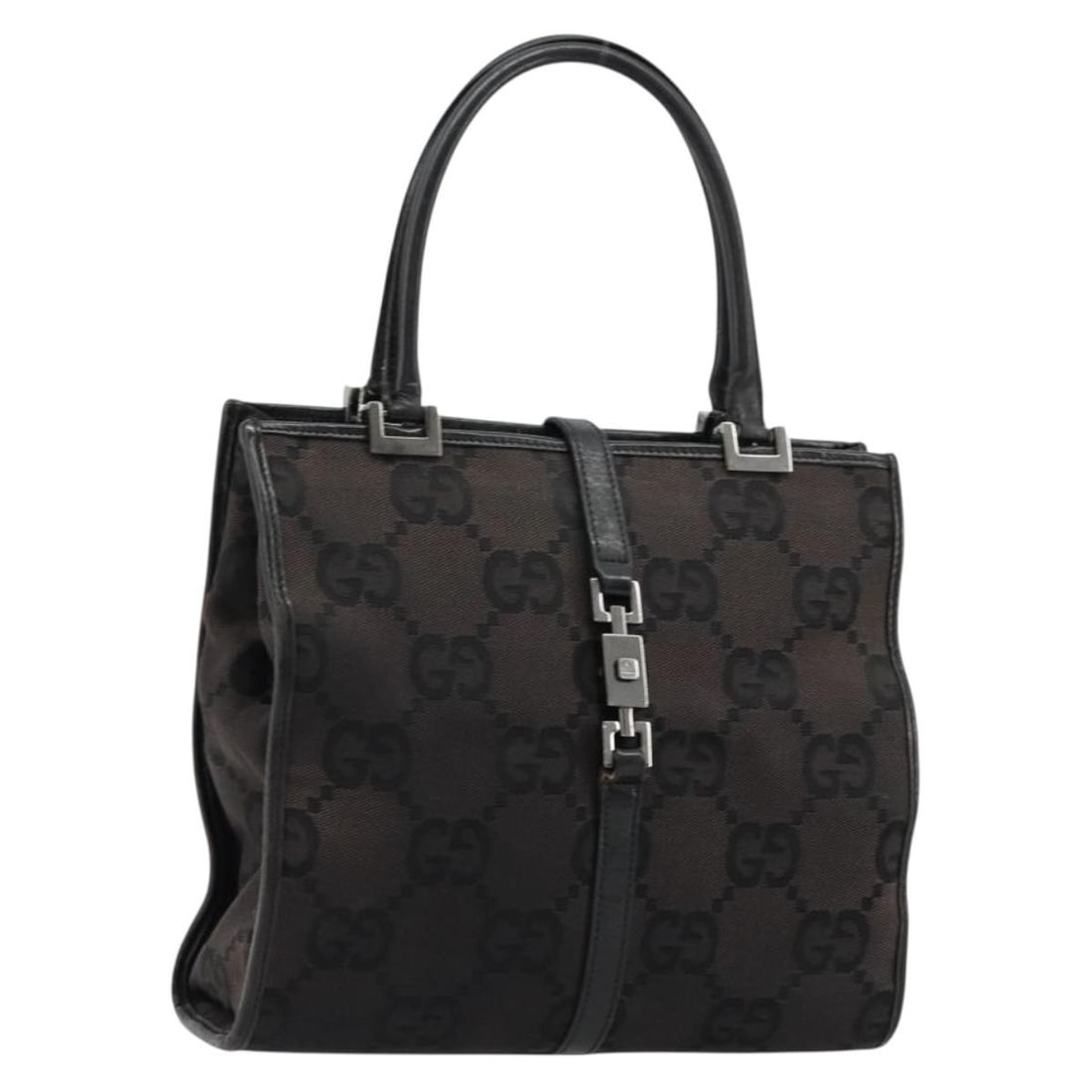 Gucci Jackie GG Canvas Leather Black Silver Handbag 002 1065: Gucci Jackie GG Canvas Leather Black Silver Handbag 002 1065 This Gucci Jackie hand bag features the signature GG canvas and leather construction in black and silver tones. Designed for women, it offe