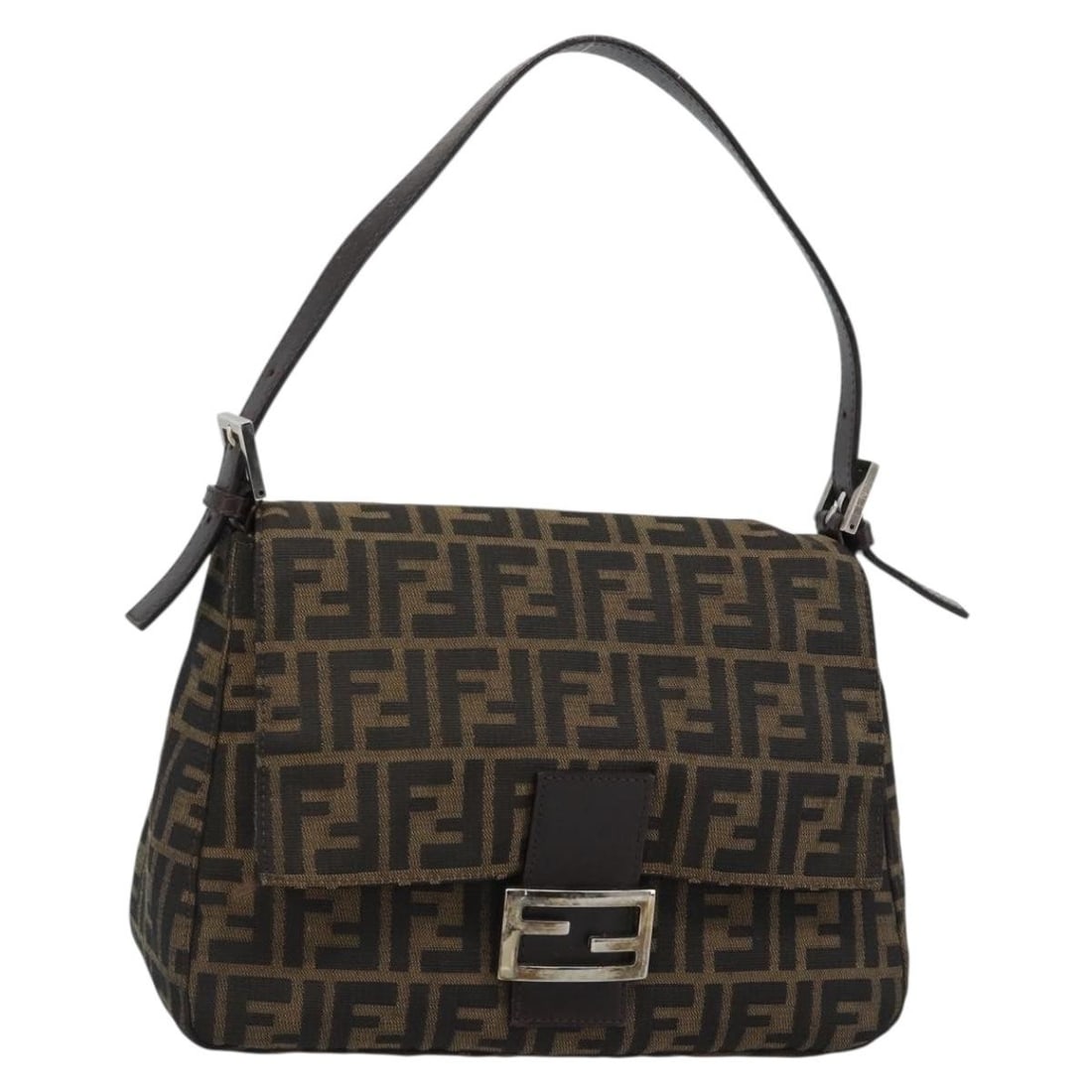 Fendi Mamma Baguette Shoulder Bag in Black Brown Zucca Canvas: Fendi Mamma Baguette Shoulder Bag in Black Brown Zucca Canvas Fendi Mamma Baguette shoulder bag crafted from Zucca canvas in black, silver, and brown. Made in Italy, this women's bag features a should
