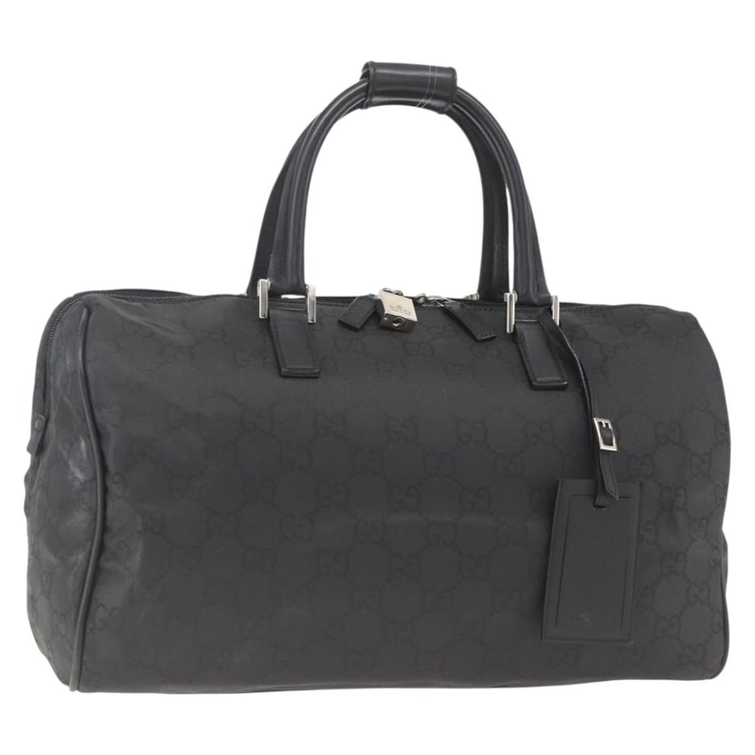 Gucci 012 0383 08 Boston Bag Black Nylon GG Canvas Padlock Tag: Gucci 012 0383 08 Boston Bag Black Nylon GG Canvas Padlock Tag This Gucci Boston bag is crafted in black nylon and GG canvas with silver-tone exterior details. It is a women's bag made in Italy and co