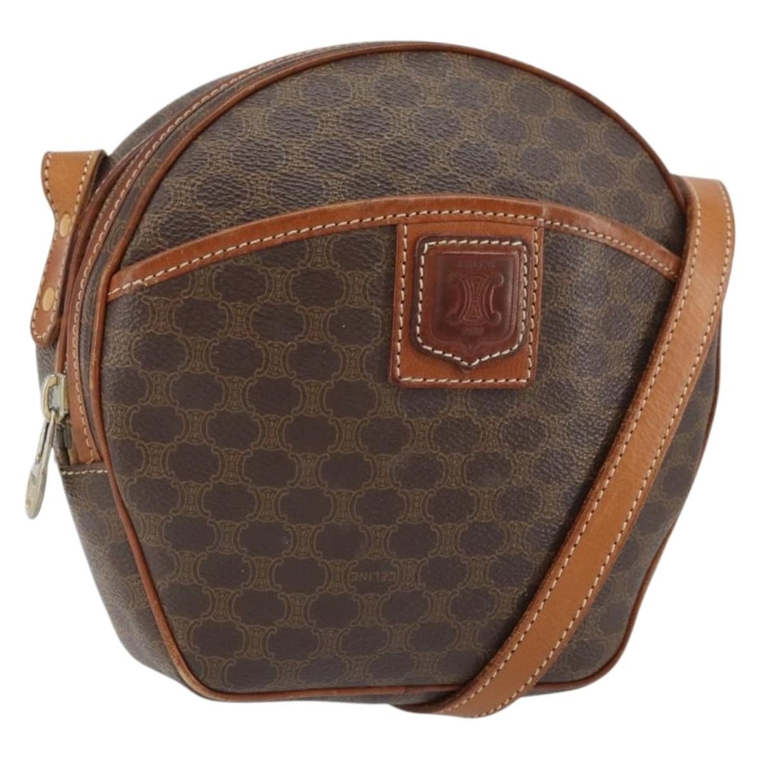 CELINE Macadam PVC Leather Brown Gold Shoulder Bag: CELINE Macadam PVC Leather Brown Gold Shoulder Bag This CELINE Macadam Canvas shoulder bag features a combination of PVC leather and the iconic Macadam canvas in brown and gold tones. Designed for wom