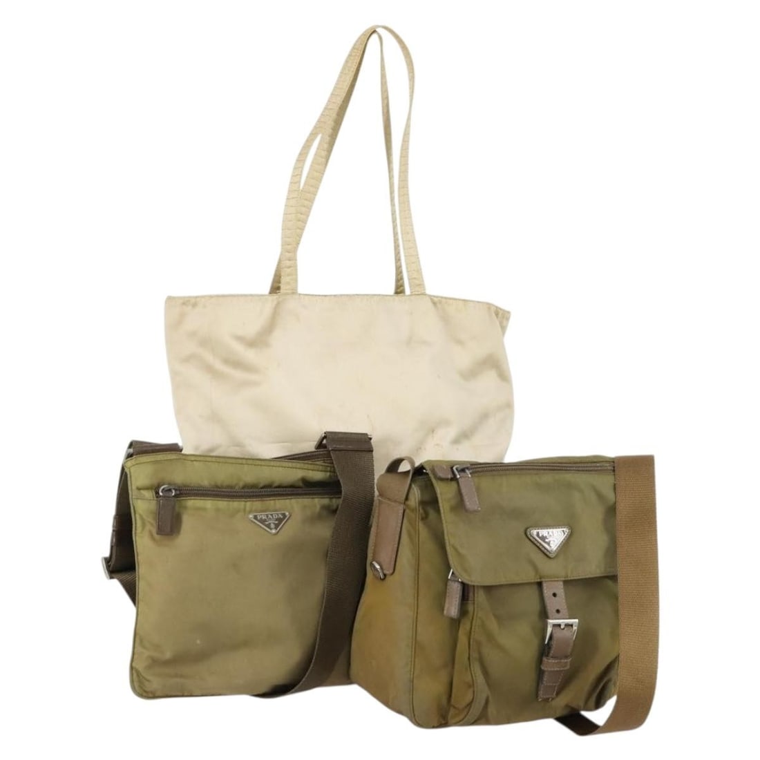 Set of 3 Prada Nylon Handbags Green Beige Italy: Set of 3 Prada Nylon Handbags Green Beige Italy PRADA hand bag in nylon with a green and beige exterior. Made in Italy and intended for women, this item is listed as a special bundle offer. The listin