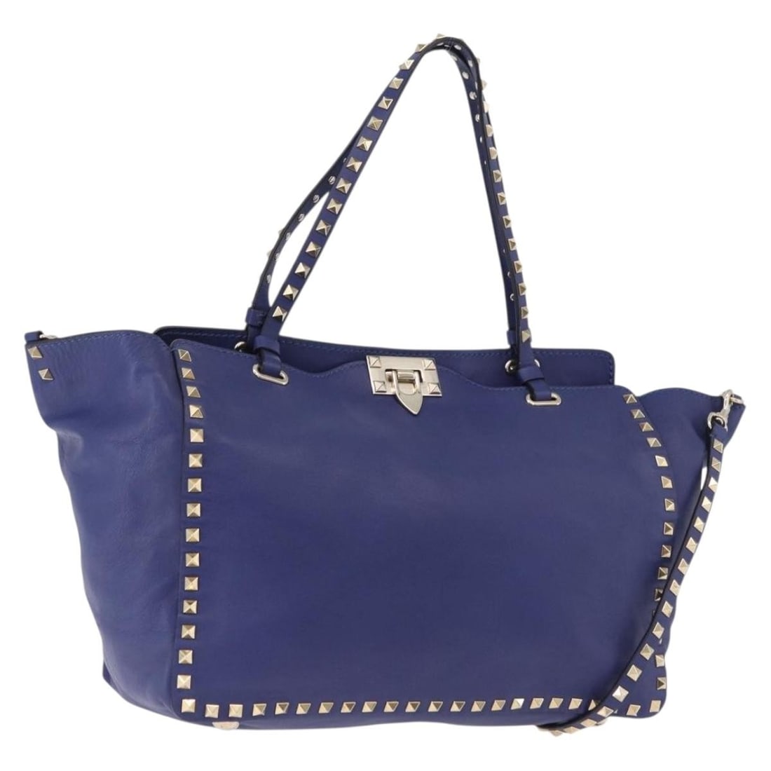VALENTINO Rockstud Blue Leather 2way Handbag with Shoulder Strap: VALENTINO Rockstud Blue Leather 2way Handbag with Shoulder Strap Valentino Rock Studs hand bag in leather with a blue and gold color scheme. This 2-way style comes with a shoulder strap and was made i