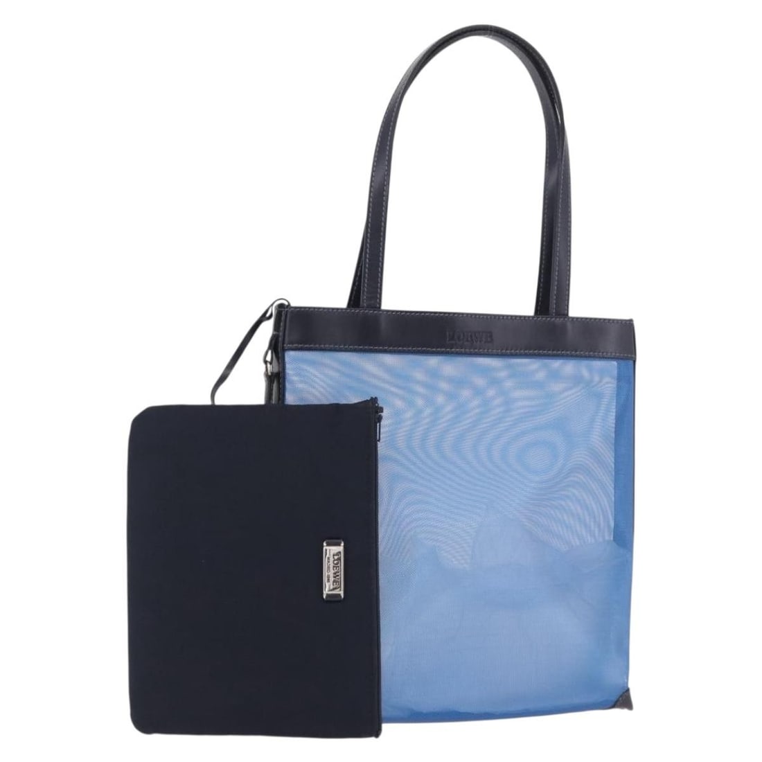 LOEWE Blue Silver Nylon Tote Bag Made in Italy: LOEWE Blue Silver Nylon Tote Bag Made in Italy A LOEWE tote bag in blue and silver nylon mesh with leather details. Made in Italy, this bag measures approximately W22 x H26 x D8 cm with a handle drop 