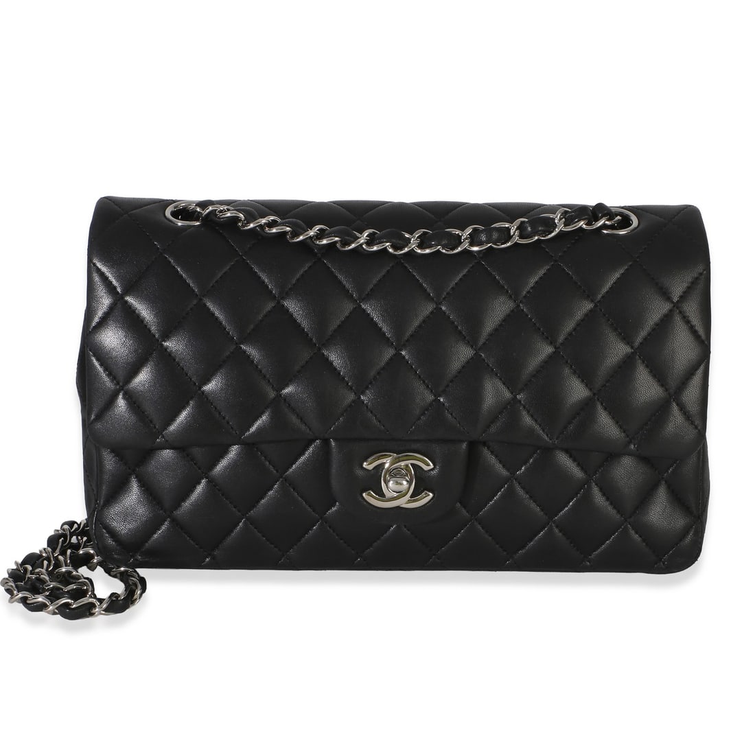 Chanel Medium Classic Double Flap Black Lambskin Shoulder Bag: Chanel Medium Classic Double Flap Black Lambskin Shoulder Bag This Chanel Medium Classic Double Flap Bag is crafted from black quilted lambskin leather and features a turnlock closure with silver-tone