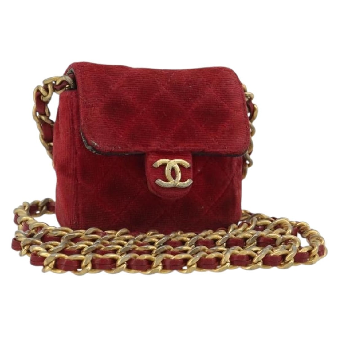 CHANEL Matelasse Velor Mini Shoulder Pouch Red Gold CC: CHANEL Matelasse Velor Mini Shoulder Pouch Red Gold CC A Chanel Mini Matelasse 7 Chain Shoulder Pouch in red velor with gold-tone accents. This shoulder bag was made in France and features a compact p