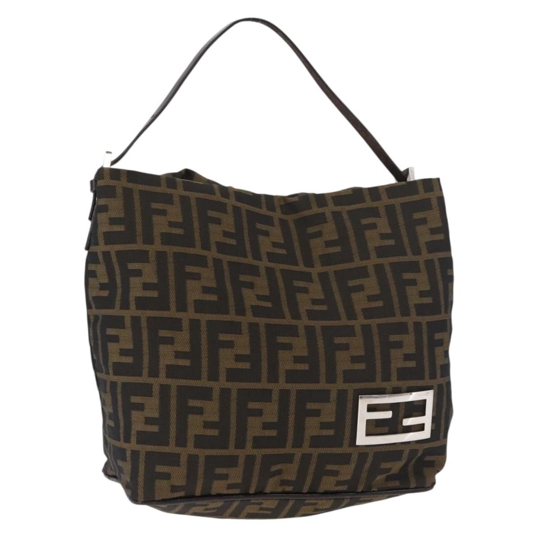 Fendi Zucca Canvas Shoulder Bag Black Brown Italy: Fendi Zucca Canvas Shoulder Bag Black Brown Italy FENDI shoulder bag in black and brown Zucca canvas, made in Italy. The bag features a shoulder strap and measures approximately 22 cm W x 23 cm H x 12