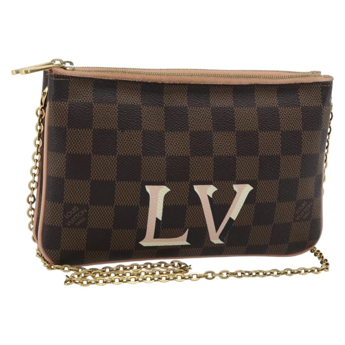 Louis Vuitton N60254 Pochette Double Zip Damier Ebene Shoulder Bag: Louis Vuitton N60254 Pochette Double Zip Damier Ebene Shoulder Bag Louis Vuitton Damier Ebene Pochette Double Zip shoulder bag, crafted in Damier Ebene canvas and made in France. The bag measures appr