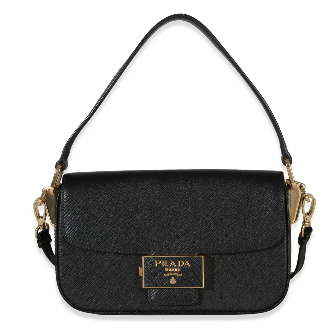 Prada Embleme Black Saffiano Lux Leather Flap Shoulder Bag: Prada Embleme Black Saffiano Lux Leather Flap Shoulder Bag This Prada Black Saffiano Lux Leather Embleme Flap Shoulder Bag features a sophisticated black leather exterior with gold-tone hardware and a