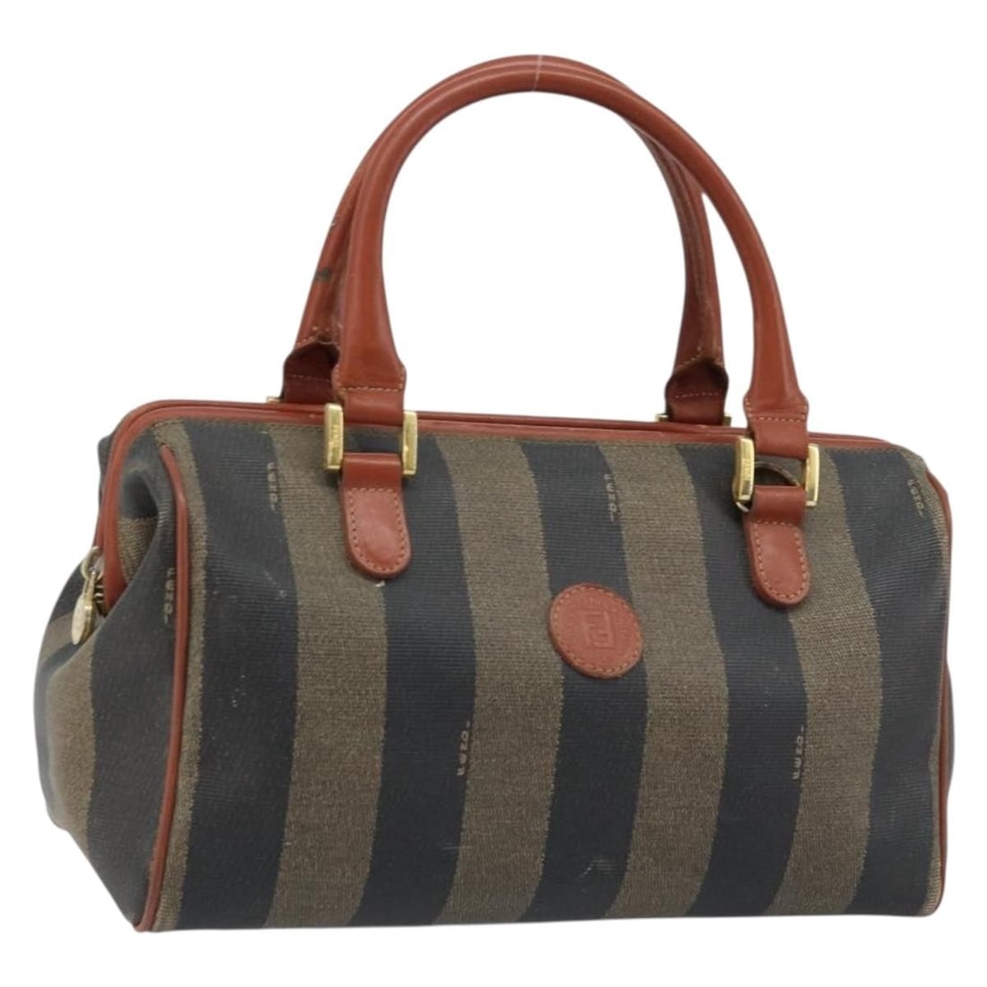 FENDI Pequin Canvas Hand Bag Black Brown Italy: FENDI Pequin Canvas Hand Bag Black Brown Italy Fendi hand bag in Pequin canvas with a black and brown exterior. Made in Italy, this women's bag measures approximately 27 cm wide, 17 cm high, and 15 cm