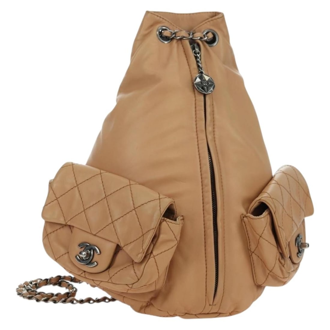 CHANEL Matelasse Lamb Skin Backpack Beige Silver Tone with Dust Bag Card: CHANEL Matelasse Lamb Skin Backpack Beige Silver Tone with Dust Bag Card A CHANEL Matelasse chain backpack in beige and silver, crafted from lamb skin. It comes with a dust bag, item box, and guarante