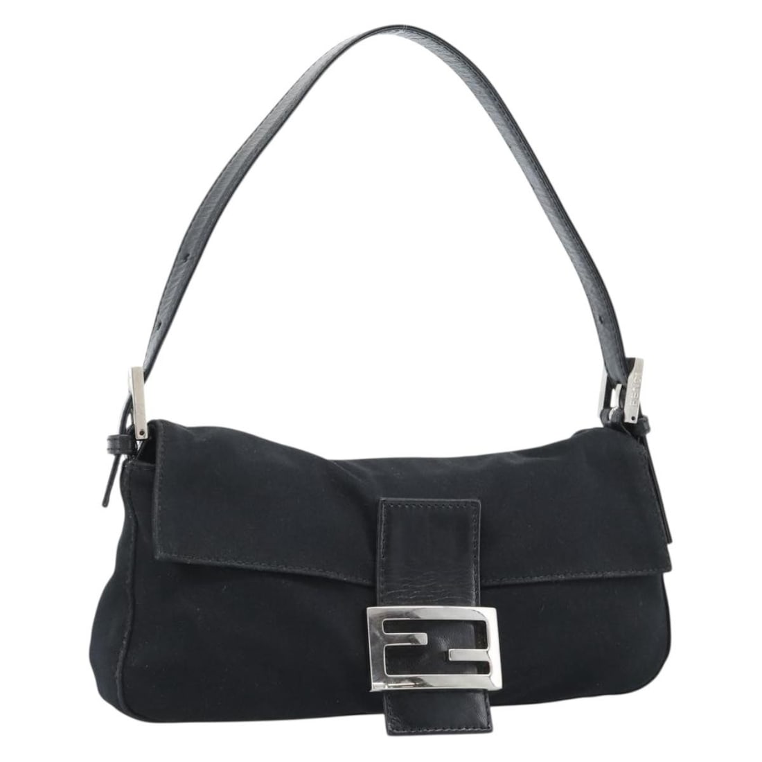 FENDI Mamma Baguette Black Cotton Jersey Shoulder Bag Silver Tone: FENDI Mamma Baguette Black Cotton Jersey Shoulder Bag Silver Tone FENDI Mamma Baguette shoulder bag in black and silver cotton jersey, made in Italy. This women's shoulder bag measures approximately 2