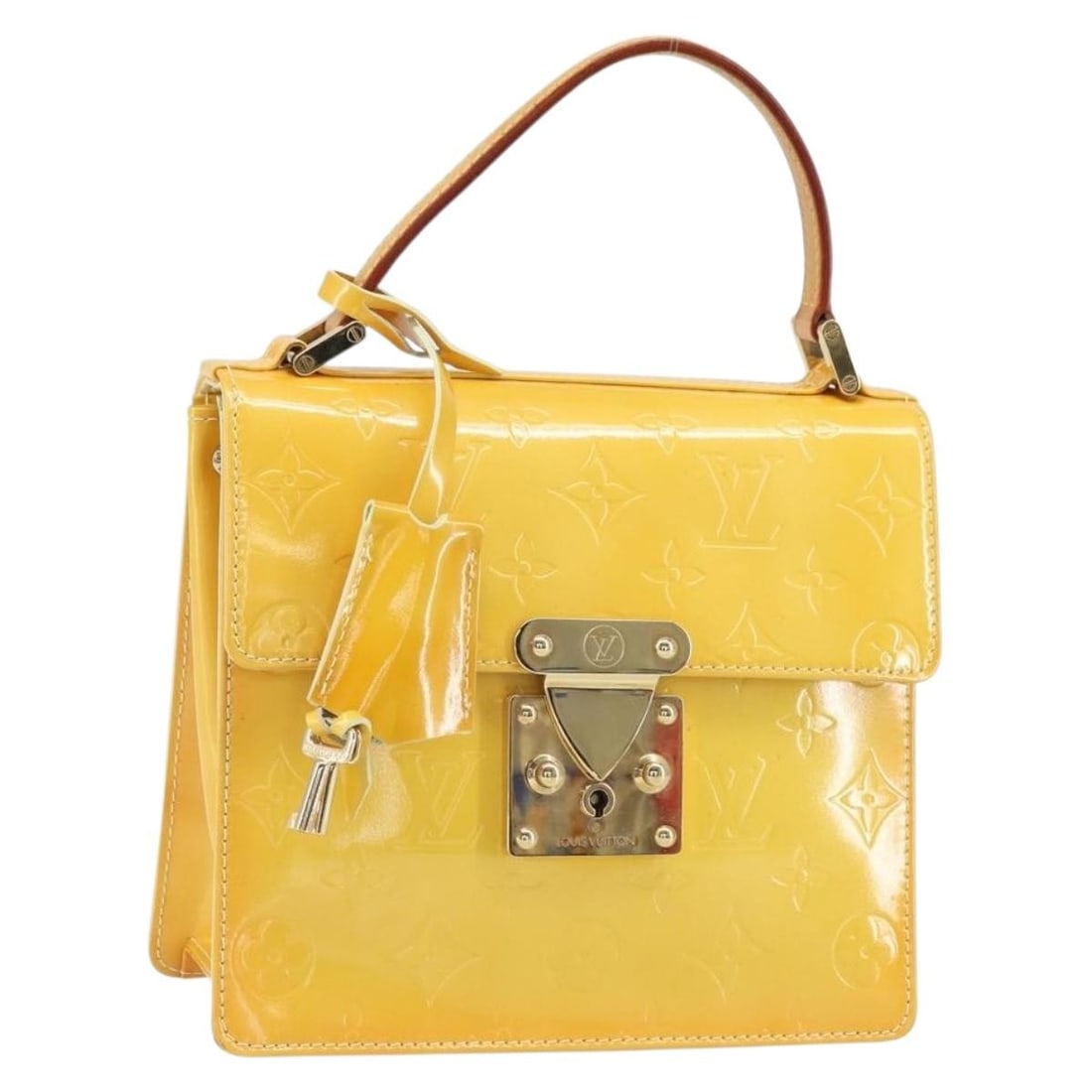 Louis Vuitton Spring Street Vernis Lime Yellow Patent Leather Handbag M91068: Louis Vuitton Spring Street Vernis Lime Yellow Patent Leather Handbag M91068 This Louis Vuitton Monogram Vernis Spring Street bag in lime yellow features a patent leather exterior. The bag includes tw