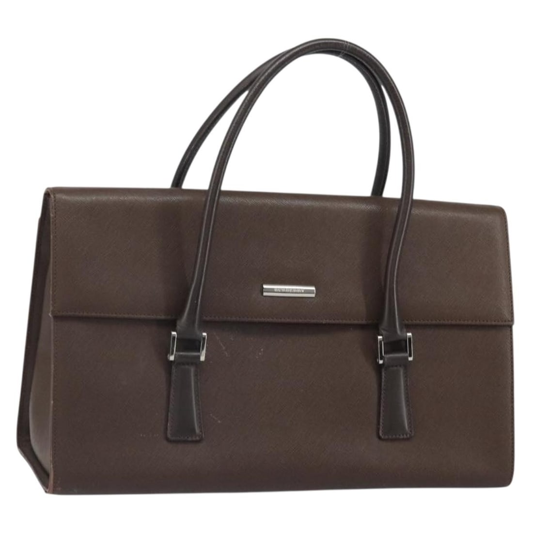 Burberry Brown Leather Handbag with Silver Accents: Burberry Brown Leather Handbag with Silver Accents This Burberry handbag is crafted from brown leather with silver-tone accents. The bag features a structured silhouette with dual handles and is made 