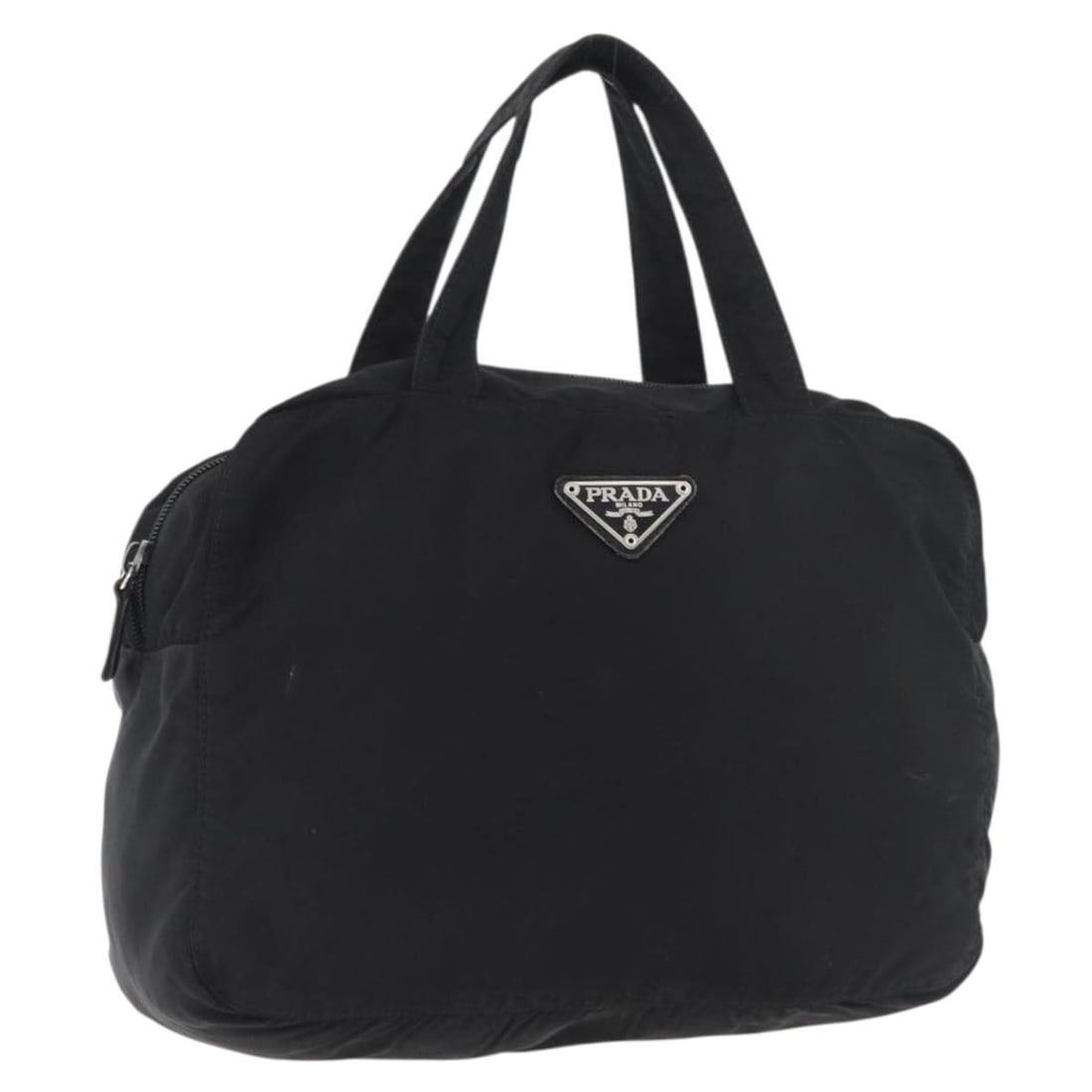 Prada black nylon women s handbag Italy silver trim: Prada black nylon women s handbag Italy silver trim This PRADA handbag is crafted from durable black nylon with silver-tone accents. Designed for women, it features a compact structure with approximat